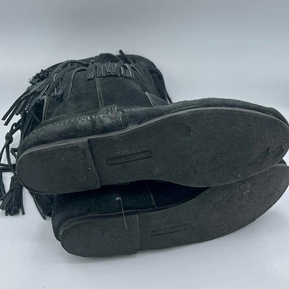 Minnetonka 2-Layer Fringe Boot Size 7 Women's Black Suede Moccasin Boho 1689 - Picture 9 of 10